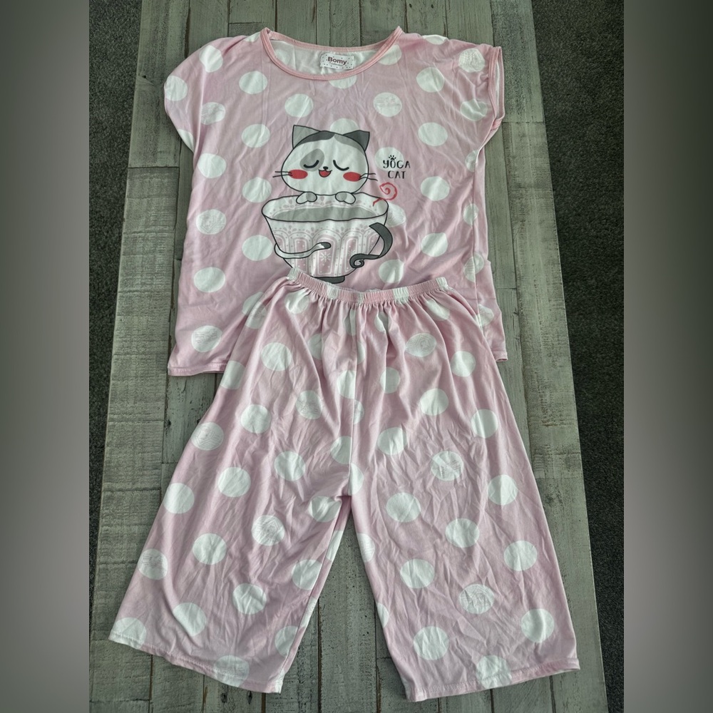 Cute Cat Print Women's Pajama Set in Pink